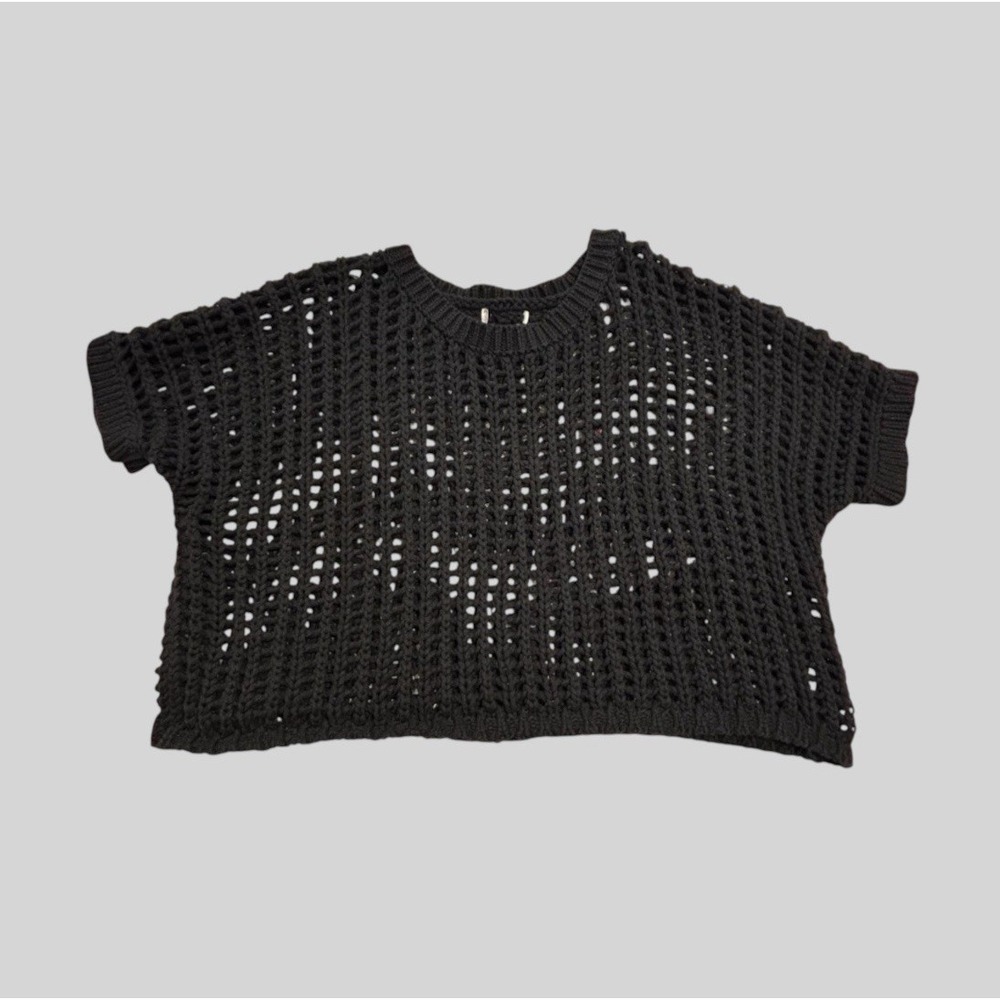 Black Crewneck Open Knit Short Sleeve Sweater Boxy Semi Cropped Sz XL No Tags
